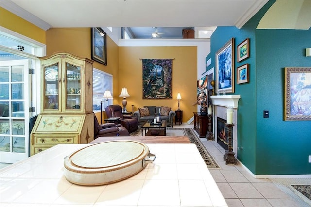 tiled living room with crown molding