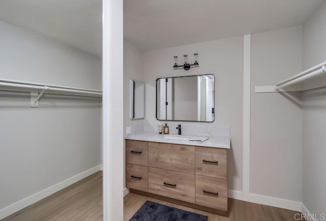 bathroom with vanity and wood-type flooring