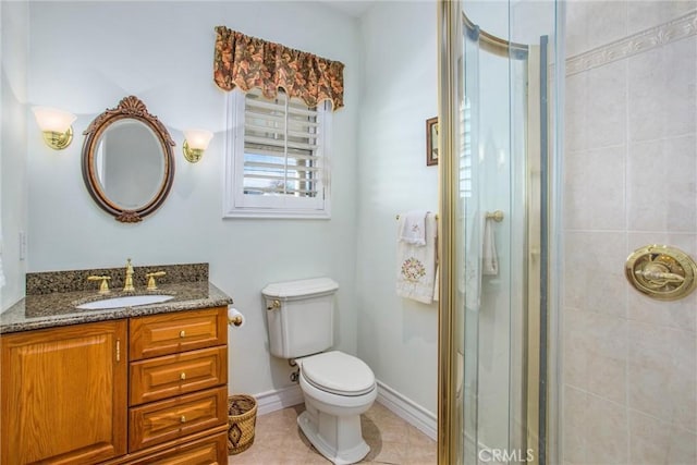 bathroom featuring vanity, tile patterned flooring, a stall shower, and toilet