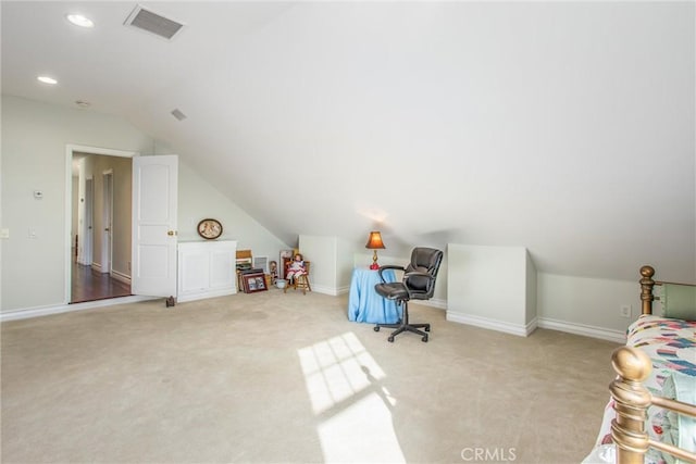 carpeted bedroom featuring recessed lighting, baseboards, visible vents, and lofted ceiling