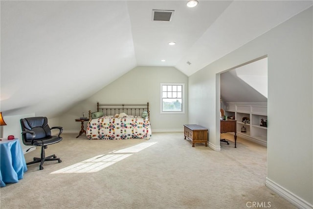 bedroom with carpet, recessed lighting, baseboards, lofted ceiling, and visible vents