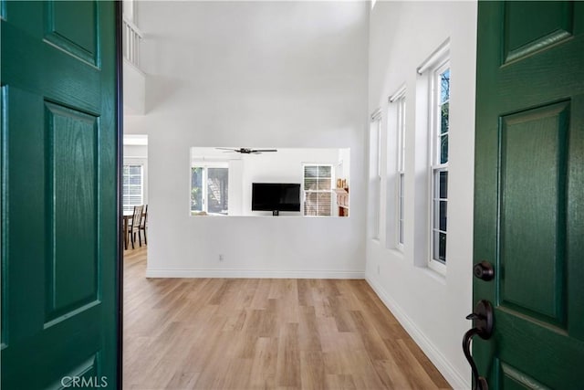 entrance foyer with ceiling fan, plenty of natural light, and light hardwood / wood-style floors