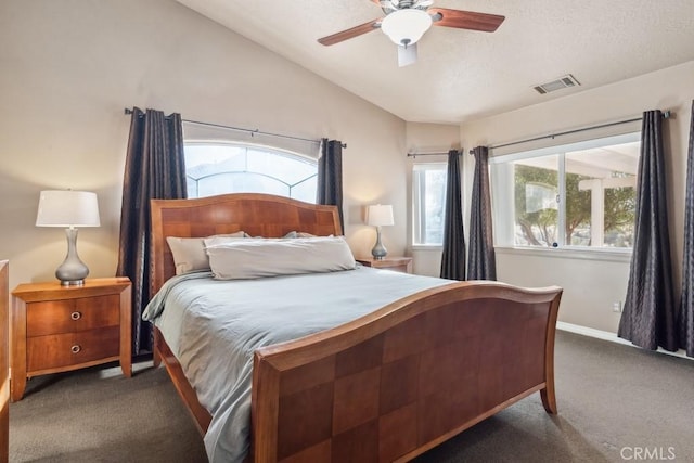 bedroom featuring carpet floors, ceiling fan, and vaulted ceiling