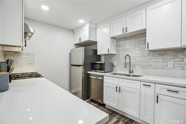 kitchen featuring extractor fan, white cabinetry, stainless steel appliances, sink, and backsplash