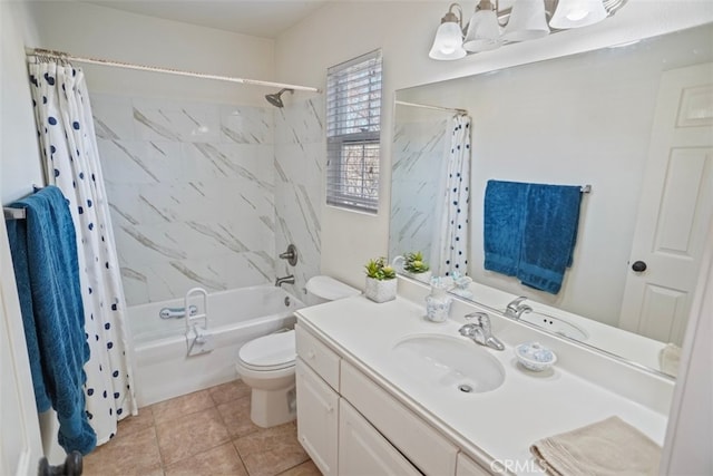 full bathroom with toilet, vanity, tile patterned flooring, and shower / bath combo with shower curtain