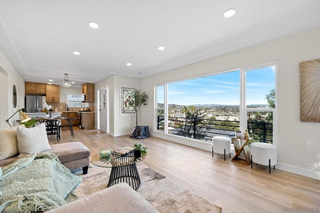 living room featuring ceiling fan and light hardwood / wood-style floors