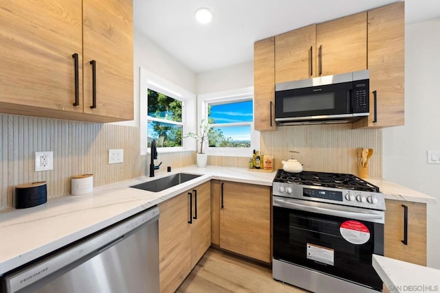 kitchen with backsplash, sink, stainless steel appliances, and light hardwood / wood-style floors