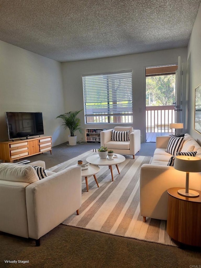 carpeted living room featuring a textured ceiling