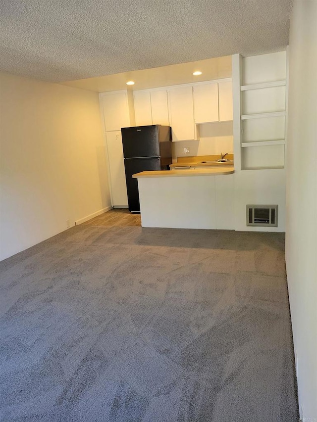 unfurnished living room with a sink, a textured ceiling, and carpet flooring