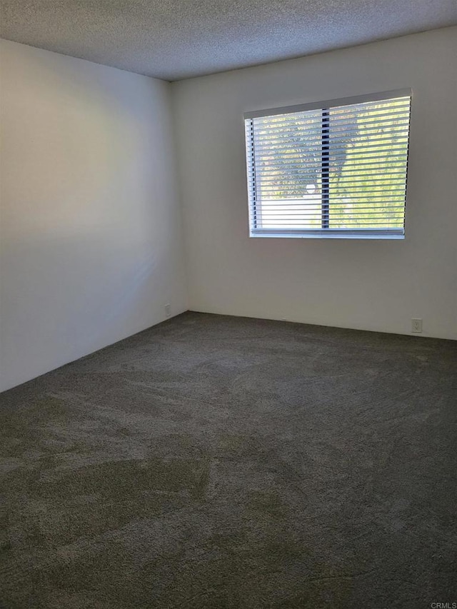 spare room featuring dark colored carpet and a textured ceiling