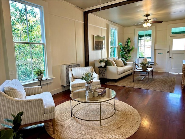 living room featuring ceiling fan, a healthy amount of sunlight, dark hardwood / wood-style floors, and radiator heating unit