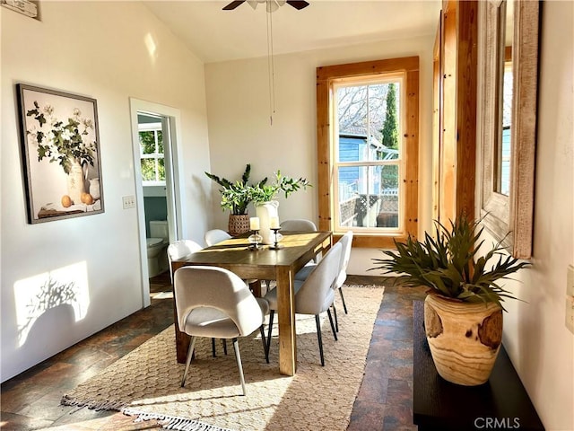 dining room featuring ceiling fan and vaulted ceiling