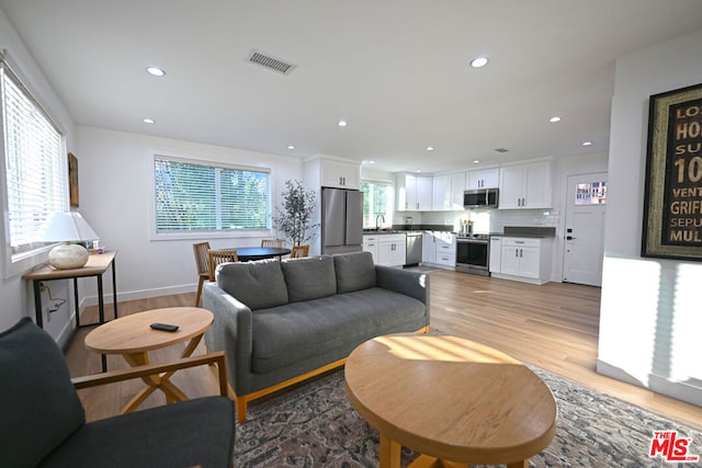 living room featuring light hardwood / wood-style floors and sink