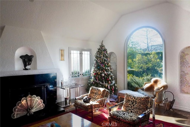 living room featuring vaulted ceiling, a fireplace with raised hearth, and wood finished floors