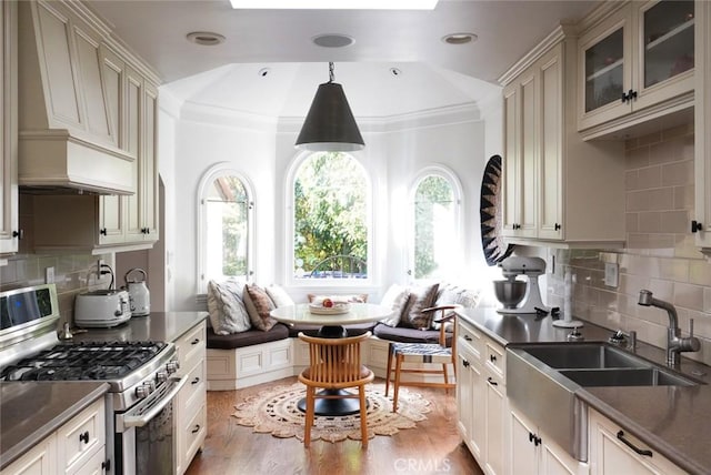 kitchen featuring breakfast area, a wealth of natural light, stainless steel range with gas stovetop, and wood finished floors