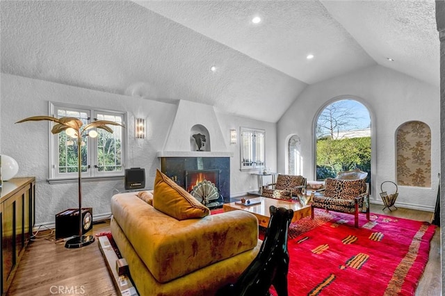 living area featuring plenty of natural light, a fireplace, vaulted ceiling, and wood finished floors