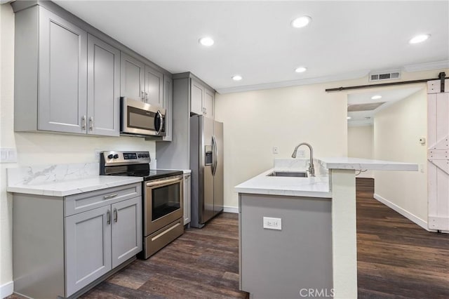 kitchen with a barn door, sink, gray cabinets, and stainless steel appliances