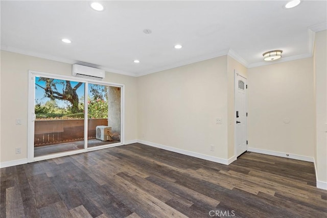 unfurnished room featuring dark wood-type flooring, ornamental molding, and a wall mounted AC