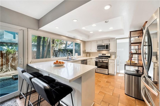 kitchen featuring a peninsula, a sink, stainless steel appliances, light countertops, and a raised ceiling