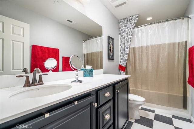 full bathroom with toilet, vanity, and shower / bath combination with curtain