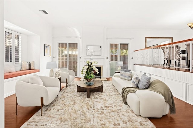 living room with dark wood-type flooring