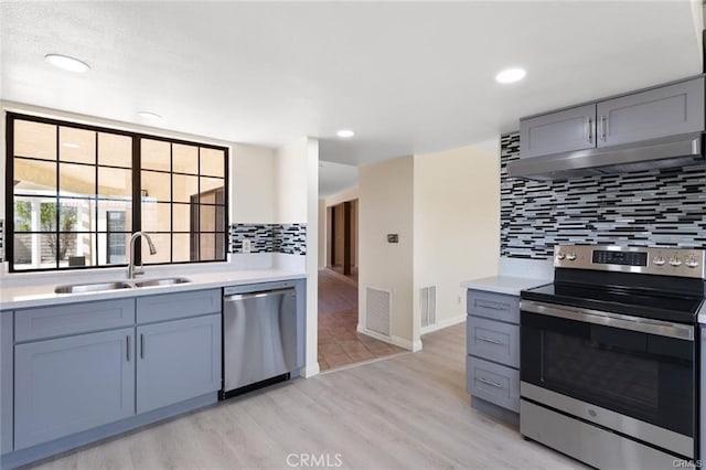 kitchen featuring appliances with stainless steel finishes, backsplash, light hardwood / wood-style flooring, and sink