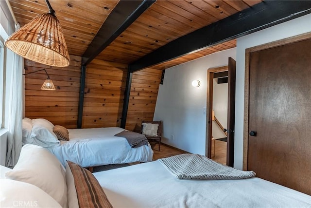 bedroom featuring wood ceiling, beam ceiling, and wood walls