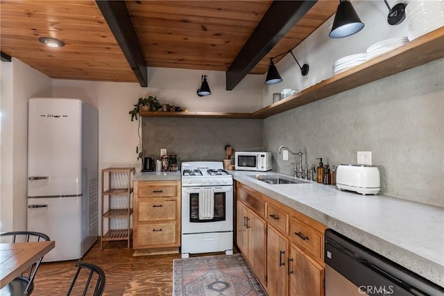 kitchen with sink, wood ceiling, dark hardwood / wood-style flooring, beamed ceiling, and white appliances