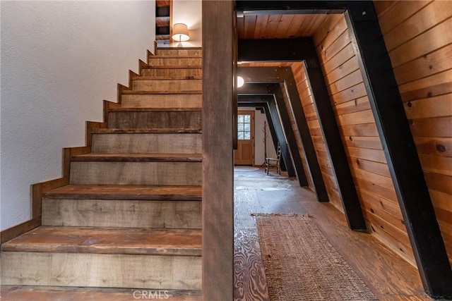 stairs featuring wooden walls