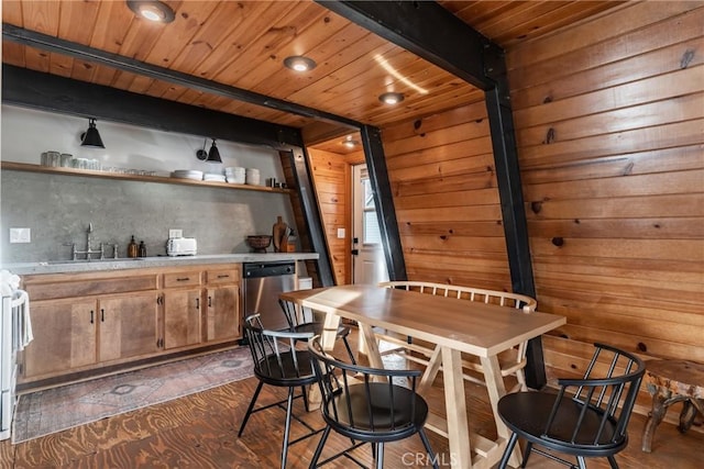 bar with sink, wooden ceiling, wooden walls, dishwasher, and beamed ceiling