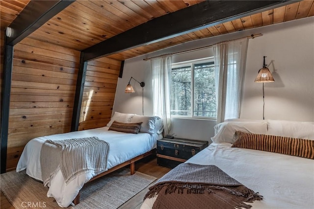 bedroom featuring beam ceiling, wooden ceiling, and hardwood / wood-style flooring