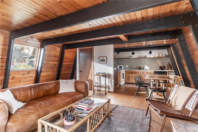 living room with beamed ceiling, wooden ceiling, hardwood / wood-style floors, and wood walls