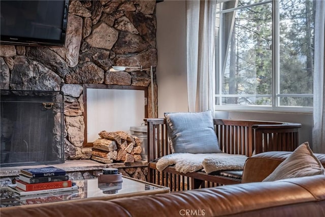 living room featuring a fireplace