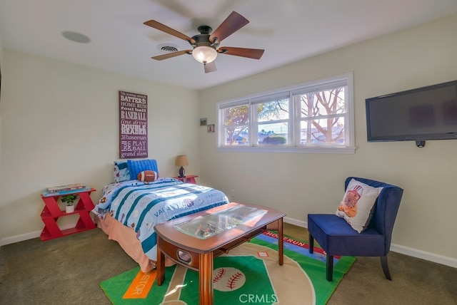 carpeted bedroom with ceiling fan