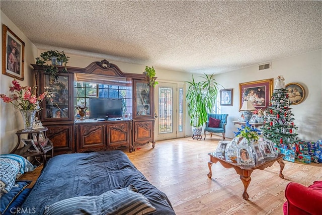 living room with a healthy amount of sunlight, a textured ceiling, and light hardwood / wood-style flooring