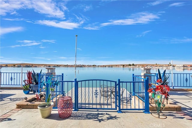 dock area with a water view