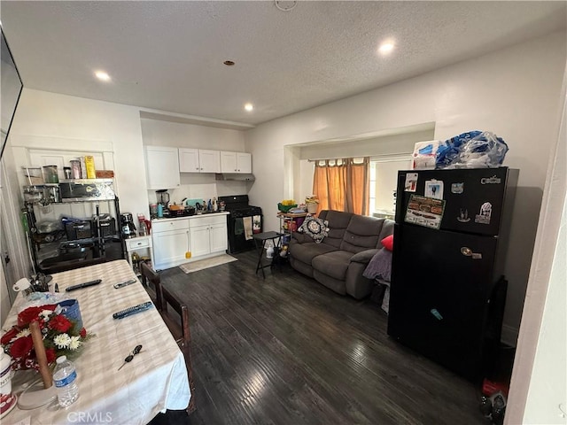 living room with a textured ceiling and dark hardwood / wood-style floors