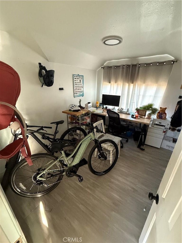 misc room featuring lofted ceiling, a textured ceiling, and hardwood / wood-style flooring