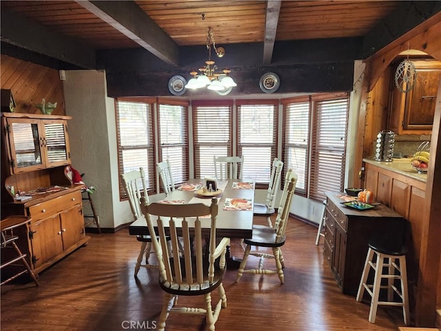 dining area with wood ceiling, beamed ceiling, a chandelier, and dark hardwood / wood-style floors