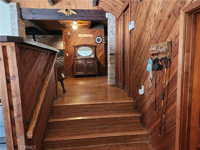 stairs with ceiling fan, wood-type flooring, beam ceiling, and wooden walls