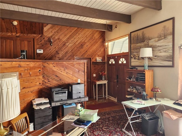 office space with wood ceiling, beamed ceiling, and wooden walls