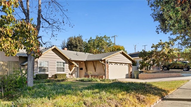 ranch-style home with a garage and a front yard