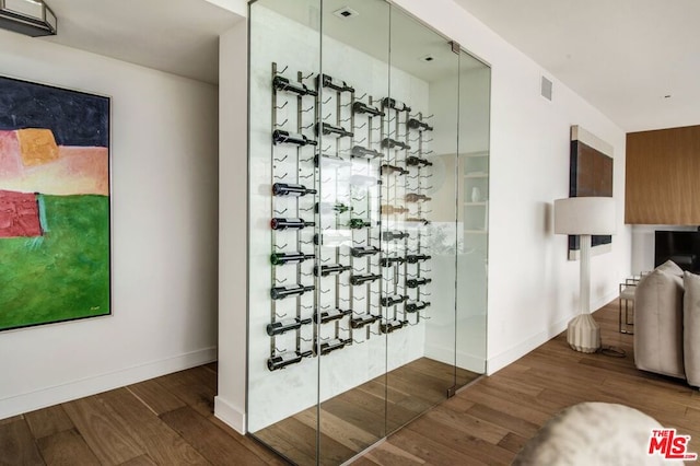 wine room with dark hardwood / wood-style flooring