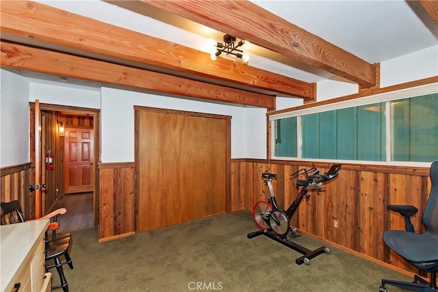 workout room with dark colored carpet