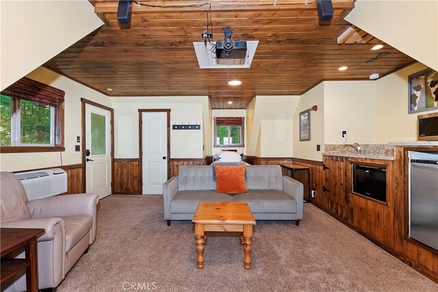 762 Zurich Dr, Lake Arrowhead, CA 92352 - living room with a wainscoted wall, wood ceiling, light colored carpet, healthy amount of natural light, and recessed lighting