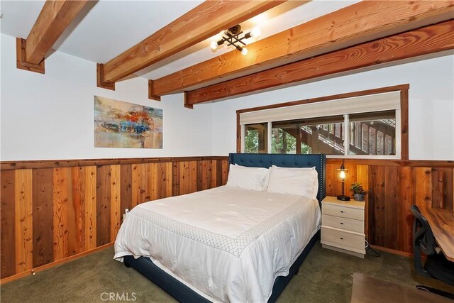762 Zurich Dr, Lake Arrowhead, CA 92352 - bedroom featuring carpet floors, wooden walls, beam ceiling, and wainscoting