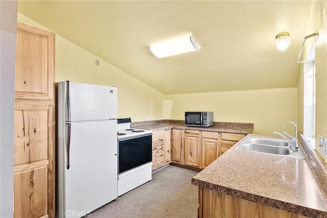 kitchen with range with electric cooktop, light brown cabinetry, vaulted ceiling, white refrigerator, and sink