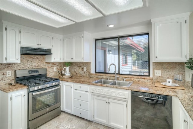 kitchen with dishwasher, sink, white cabinets, and gas range