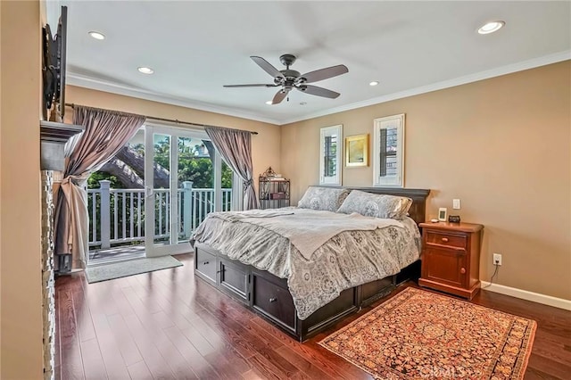 bedroom featuring crown molding, dark wood-type flooring, access to exterior, and ceiling fan