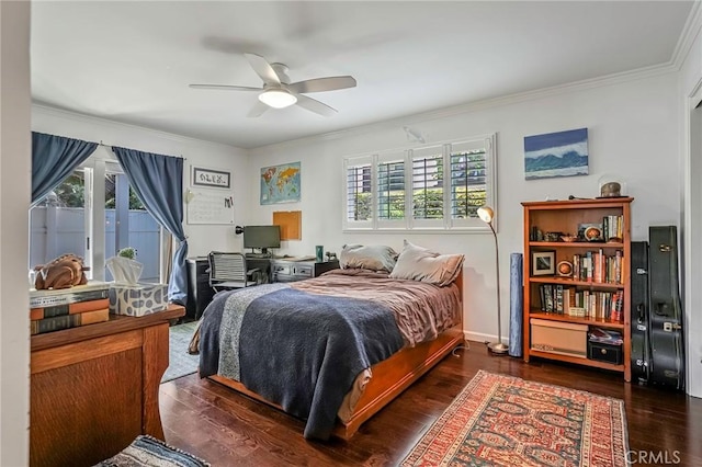 bedroom featuring crown molding, dark wood-type flooring, access to outside, and ceiling fan